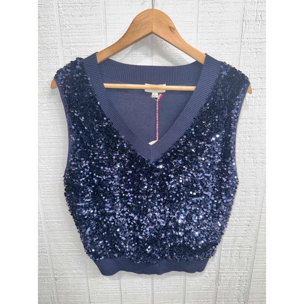 Umgee Sweater Vest Women Navy Blue Sequin V-Neck Knit Sleeveless Large